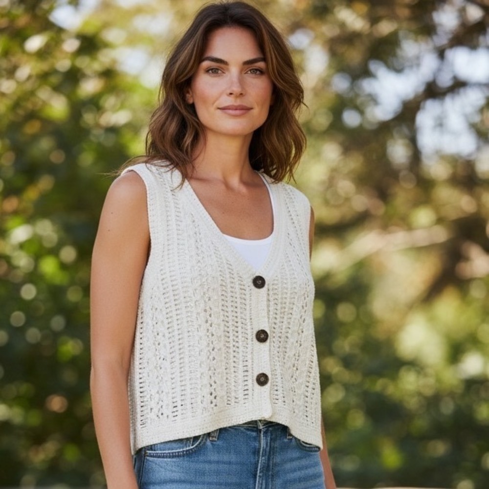 Hering Womens Crochet Knit Button Front Vest Cream White Sleeveless Sweater P/S